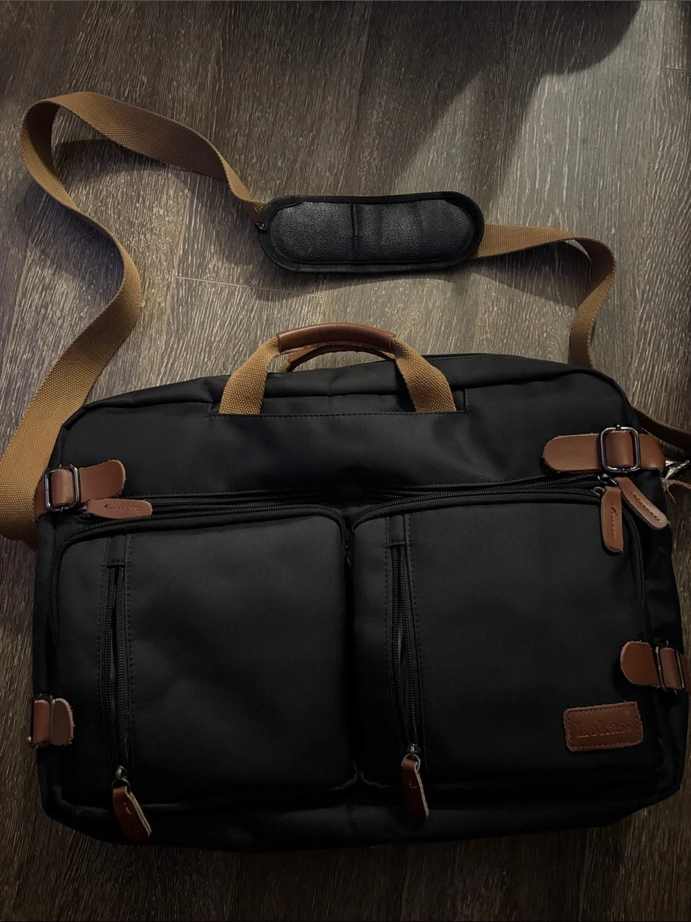Convertible Black Briefcase Messenger Bag w/ Tan Accents hidden backpack straps